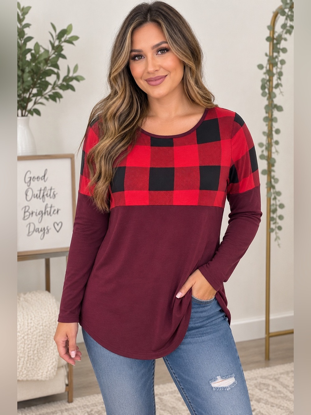 Zenana- Plaid Burgundy Long Sleeve Top